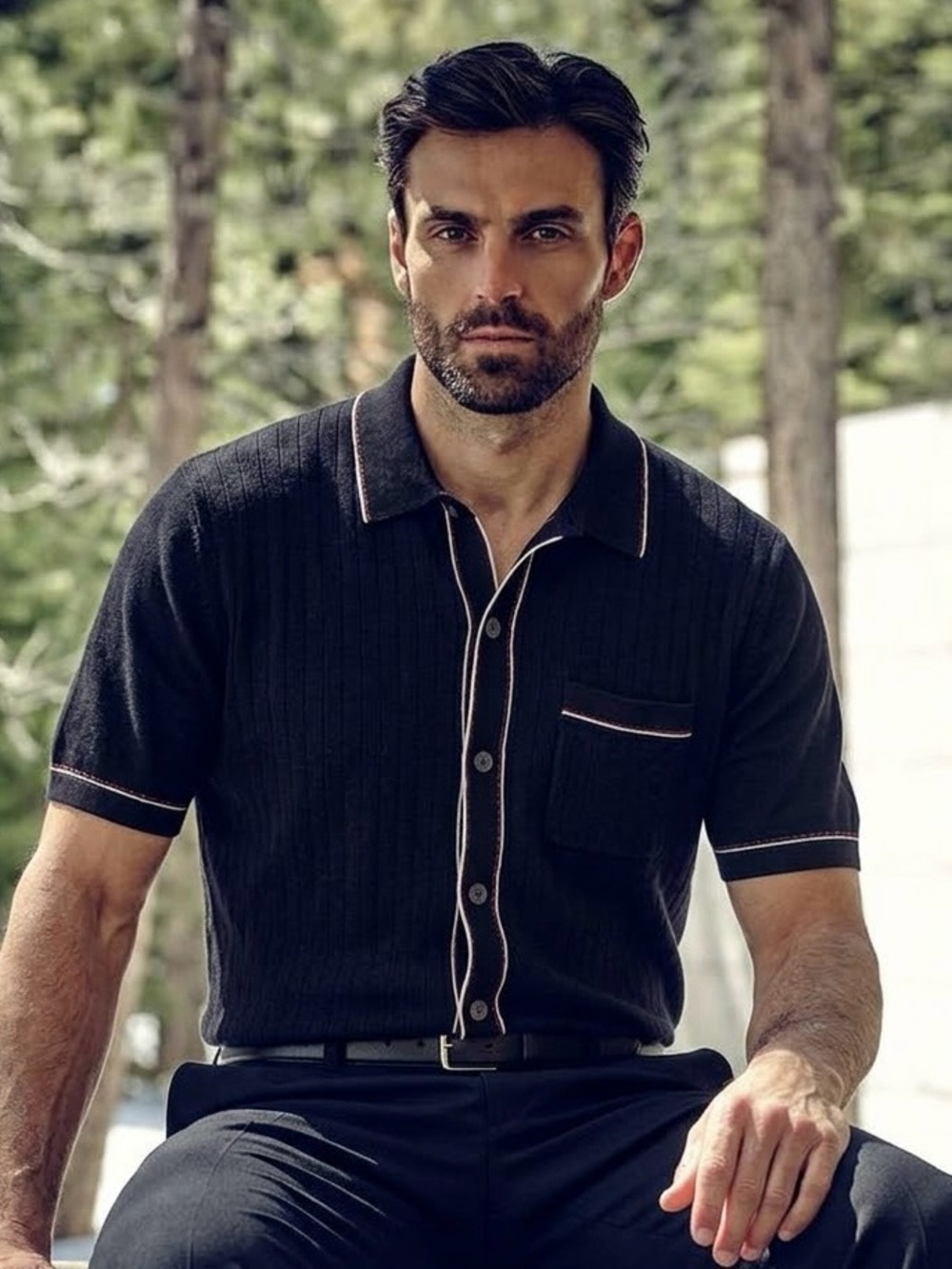 Todd Snyder Black Cotton/Silk Short Sleeve Full Placket Knit Riviera Polo Large